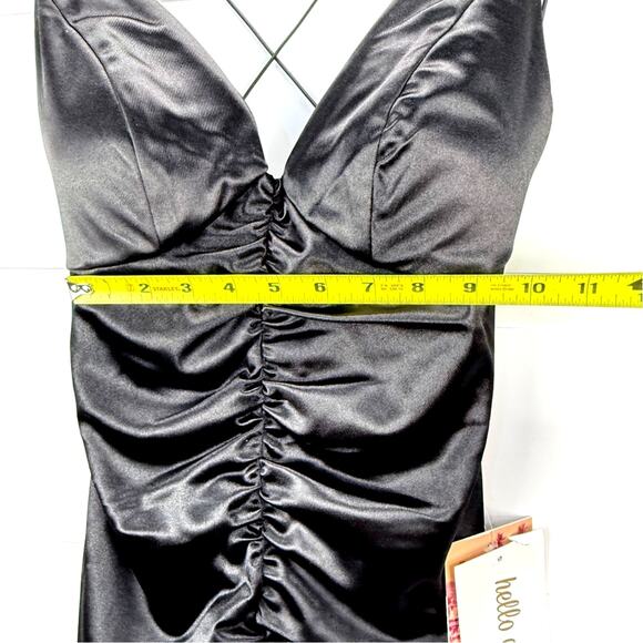 Emerald Sundae Black Ruched Satin Size M -Mini Dress Criss-Cross Back NWT - Picture 7 of 11